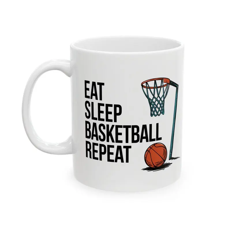Basketball Mug, Ceramic Eat Sleep Basketball Repeat Coffee Cup 11oz, Funny Gift for Basketball Lovers, Basketball Player Gift, Sports Mug
