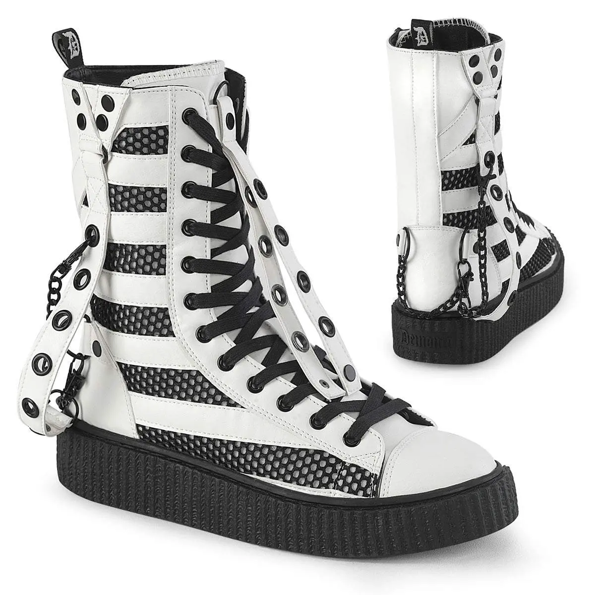 Demonia Men's Sneeker-325 White Vegan Leather-Fishnet Sneakers