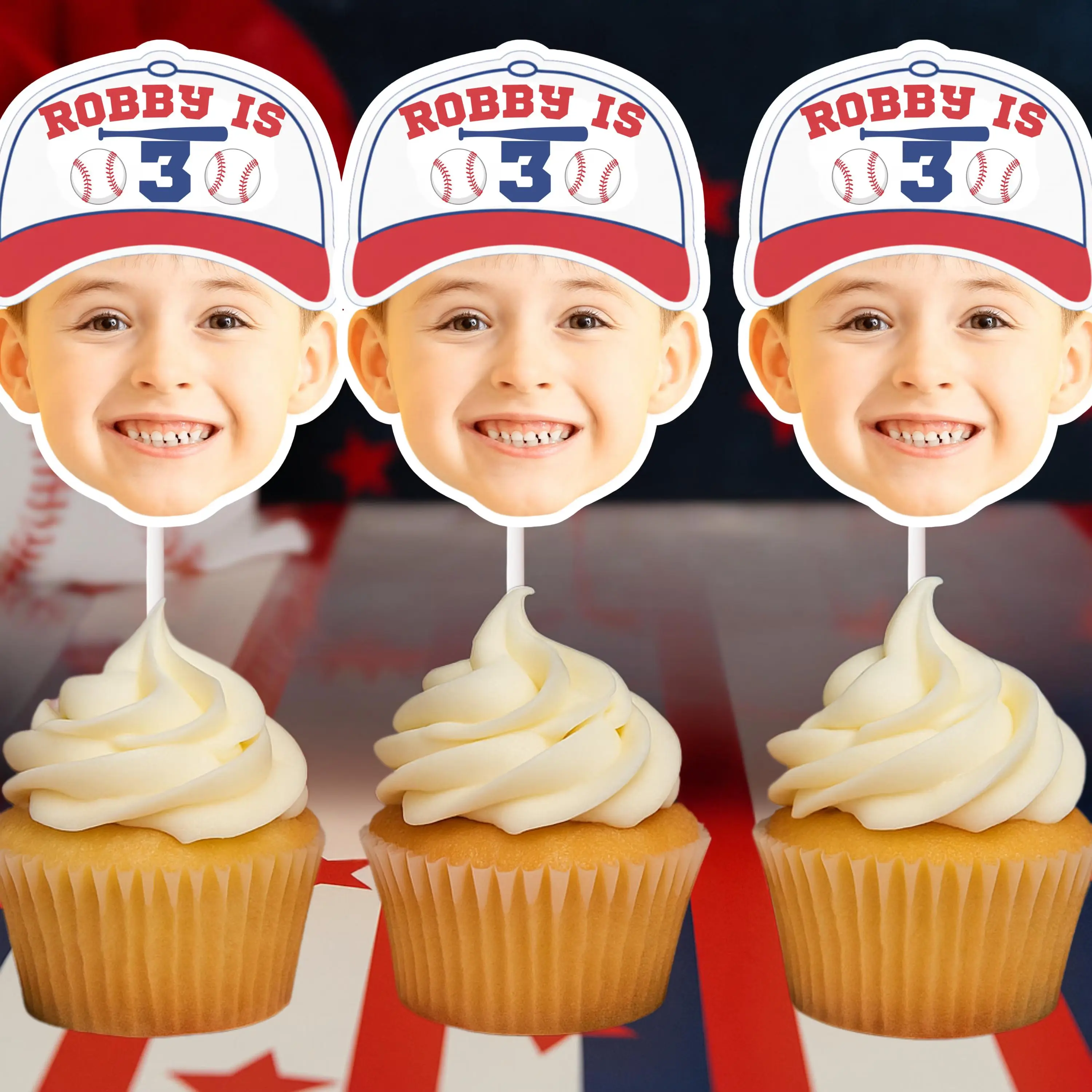 Baseball Face Cupcake Toppers – Personalized Rookie of the Year Birthday Decor