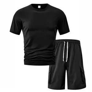 Men's 2-Piece Tee & Cargo Shorts Set - Premium Cotton Fabric, Solid Short-Sleeve Crew Neck, Stretch, for Casual Wear, Loungewear, Outdoor Activities