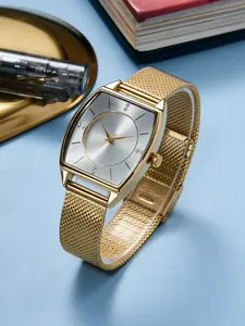 Elegant Women's Barrel Shape Quartz Watch, Silver Color Mineral Glass Dial, Rhinestone Design, All Seasons Fashion Accessory