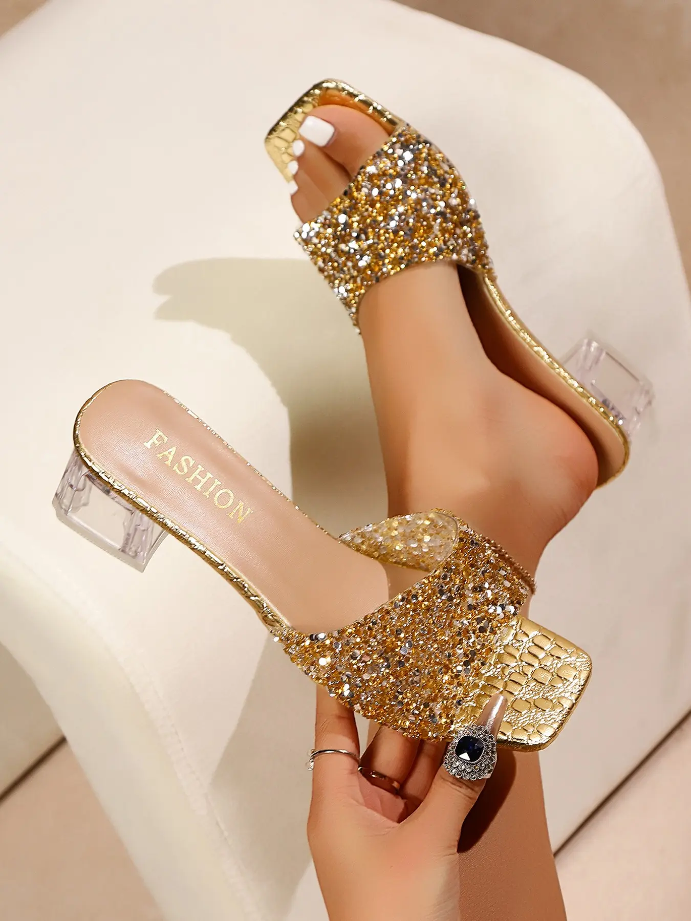 Women's High Heel Sandals, Elegant Rhinestone Square Toe, Casual PU Leather, All Seasons, Summer, Party, Vacation, Camping, Shiny and Sexy, Footwear