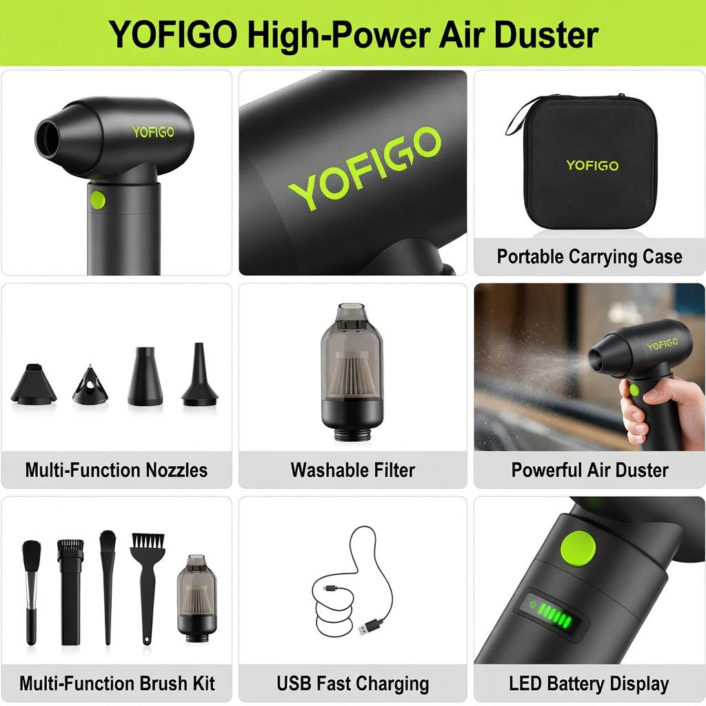 YOFIGO C4Pro Electric Air Duster,150000RPM Brushless Motor, Compressed Air Duster, Mini Blower with One-tap Booster,3-Speed Adjustable PC Cleaner,Alternative to Canned Air forKeyboard, Electronics, Camera