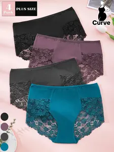 【Plus Size】 Contrast Lace Aesthetic Boyshorts, Soft Comfy Breathable Stretchy Panty for Daily Wear, Women's Underwear for All Seasons