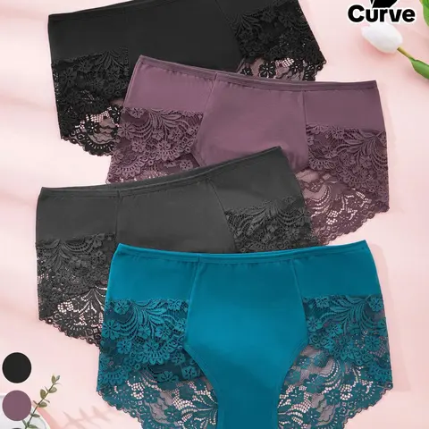 Plus Size Contrast Lace Aesthetic High Waist Boyshorts, Breathable Stretchy Panties for Daily Wear, Women's Underwear for All Seasons, Womenswear, Soft Comfy Panties