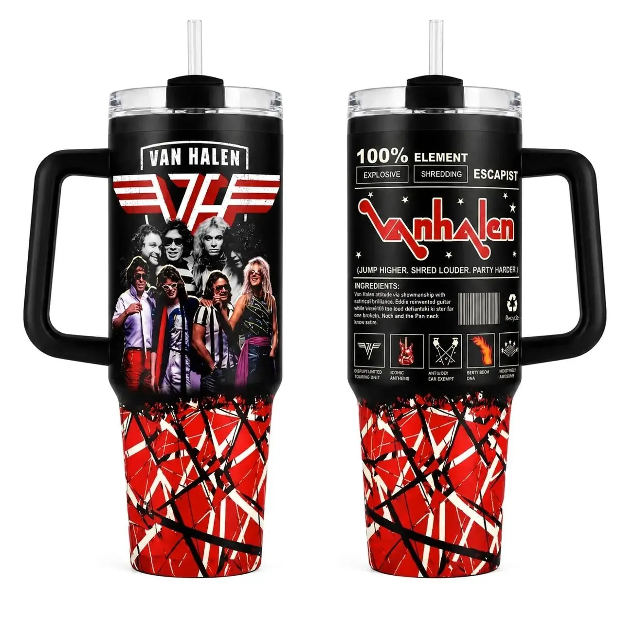 Red White Rock Music Graphic Tumbler 30oz 40oz With Handle, Retro Guitar Stage Style Insulated Travel Cup With Striped Concert Artwork, Not Including The Straw Drinkware Water Bottles