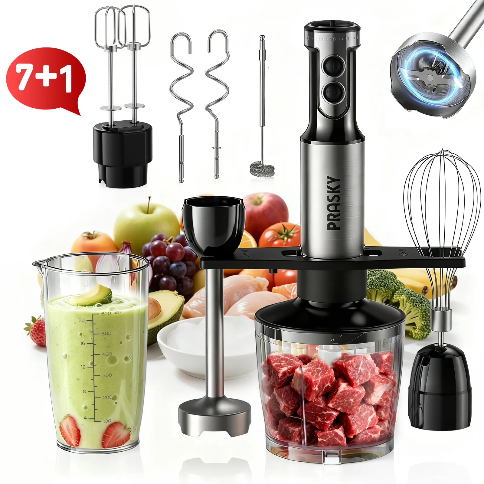 PRASKY Professional Hand Blender 1200W Motor 20 Speeds Modes with Turbo Stainless Steel Blade Egg Whisk Beaker Chopper Bowl Multi-Function Kitchen Stick Mixer for Sauce, Soups, Smoothies, Baby Food & Juicer, Small Kitchen Immersion Hand Blender