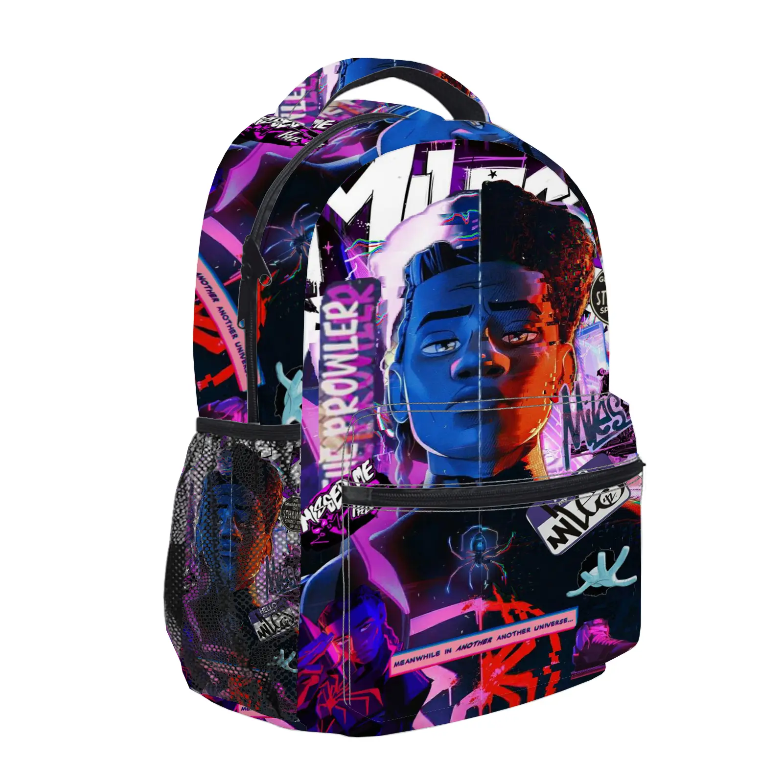 Miles Morales Backpack for Girls, Y2K Fashion School Bag with Mesh Side Pockets, Aesthetic Cartoon Bookbag for Teens, Kids Lightweight Travel Daypack for Back to School b-132