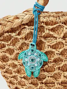 Handmade Blue Turtle Beaded Charm, Boho Style Bag Decoration, Straw Woven Bag Accessory, Keychain or Car Hanging Ornament, Bag Charms, Purse Charm, Purse Accessories