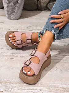 Women's Casual Sporty Thick Sole Anti-Slip Sandals, Buckle Design, Summer Beach Shoes, Comfortable Fashion Thong Slippers, Buckle Up Sandals