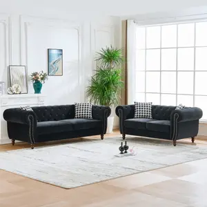 3+2 Seater Chesterfield ‌ velvet upholstery fabric Sofa with Roll Armrest & Nailhead,Upholstered Mid Century Modern Couch,3 Seater & 2 Seater Couch for Living Room, Office, Apartment, Black