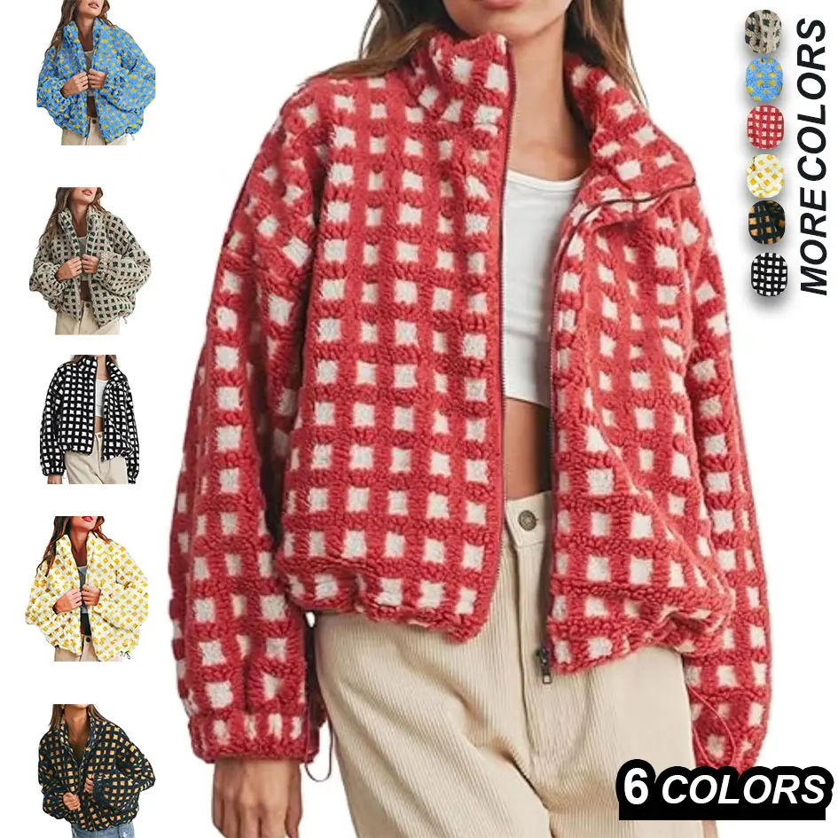 Echo Attire One, women’s winter Sherpa fleece plaid cropped jacket – long sleeves, zipper closure, warm, fluffy, pockets, casual, fashionable plaid style, sporty, cute, loose yet fitted, cold wash, do not bleach, tumble dry, travel, XL