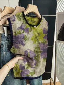 1 Piece Women's Loose Sleeveless Crew Neck Knit Top with Dark Blue Trim, Color Block & Purple-Green Print, Spring & Summer Casual Style, Can Be Worn Alone or with a Vest, Suitable for Daily Outdoor Wear, Sleeveless Vests