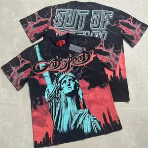 Trending American Streetwear Oversized T-Shirt, God-speed & Statue of Liberty Graphic Print, Classic Fashion Round Neck Tee For Men Women Casual Hip Hop Tops