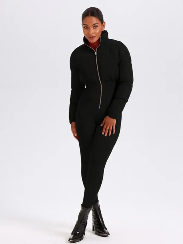 MOTIONKILLER Women's Puffer Jumpsuit, Solid Bodycon Long Sleeve Zip-Front Winter Apparel in Polyester Blend Fabric, Pants, Plain, Bodycon Cut, Full Length, Fashion, Zipper, Overalls