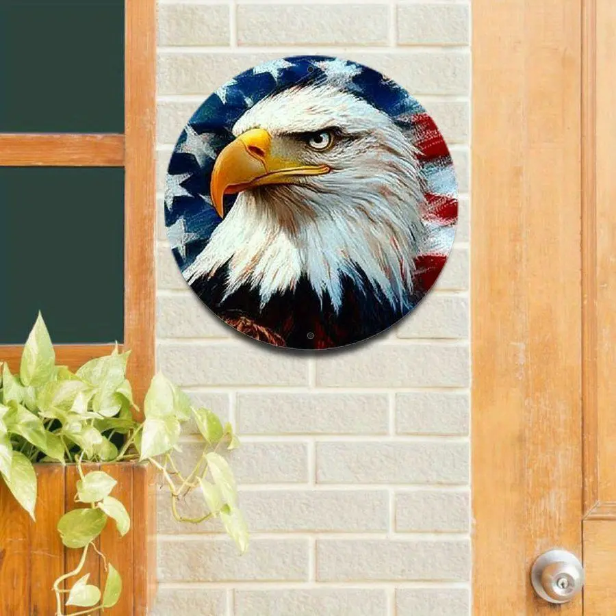 Vintage American Flag Eagle Metal Tin Sign - 8x8 Inch Round Wall Decor for Home, Garden, Bar, Cafe, Restaurant & Garage - Retro Patriotic Bald Eagle Design with Detailed Feathers & Fur Texture