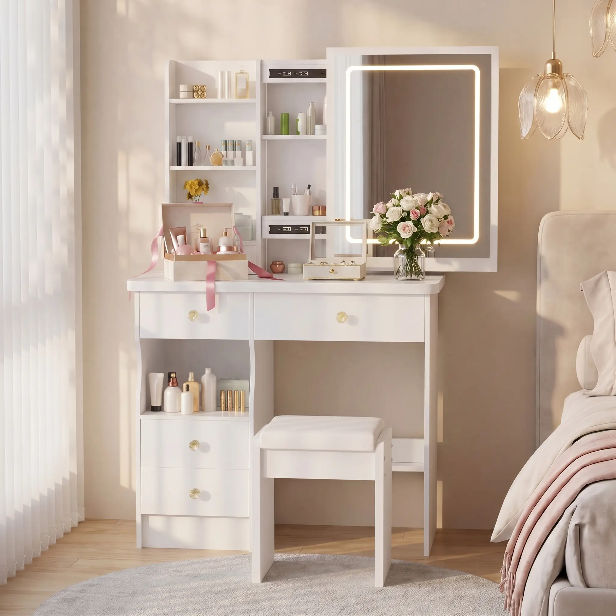 White Vanity Set with Mirror and LED Lighting — Features 3  LED Light Modes, 4 Drawers, and a Padded Stool ,Modern-Style Dressing Table Suitable for the Bedroom installation, Vanity With Chair, Modern Vanity Desk