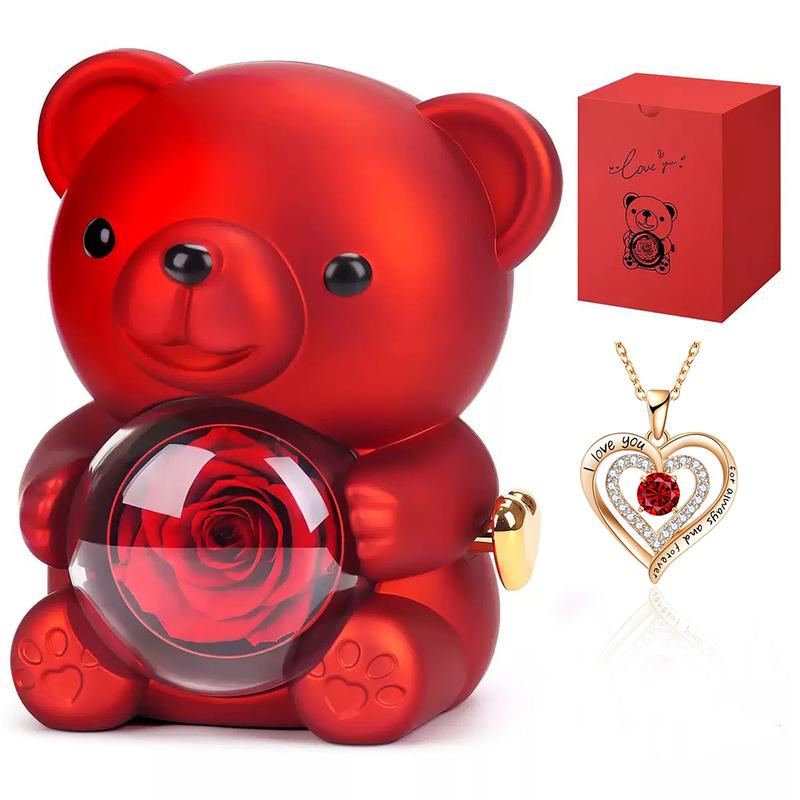 The Cutest Red Rose Bear with Heart Necklace – Elegant Flower & Rhinestone Design, Perfect Gift for Mom, Wife, or Girlfriend on Birthday, Anniversary, or Holidays (Thanksgiving, Christmas, Halloween)