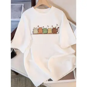 Cute Cartoon Cat Print T-Shirt, Women's Loose Fit Round Neck Short Sleeve Casual Tee, All-Season Comfort Ladies Top