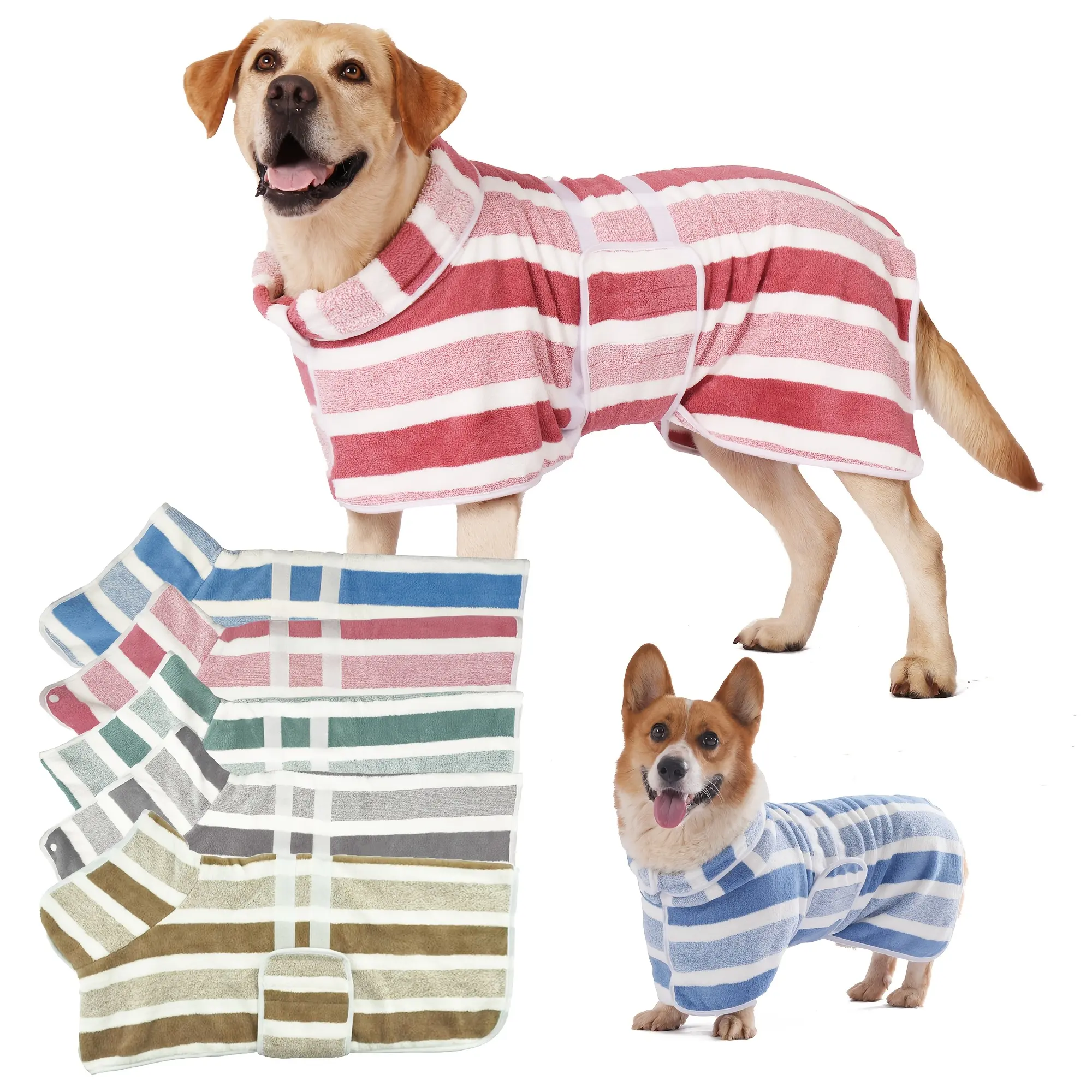 Striped Quick-Dry Dog Bathrobe - Brown-Striped, Green, Red Options, Super Absorbent Fabric, Adjustable Straps, All-Season Wear, Fits All Dog Breeds & Sizes, Post-Bath Grooming Care, Green Stripes