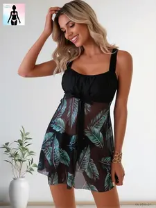 Aura Swim 2026 Midnight Tropical Print Halter Neck 1-Piece Swimsuit, Cutout Waist with Ring Detail, Ruched Tummy Control, Curvy Size-Inclusive Beachwear for Summer Vacation, Pool Parties, One Piece Swimsuit Tankini Outfit