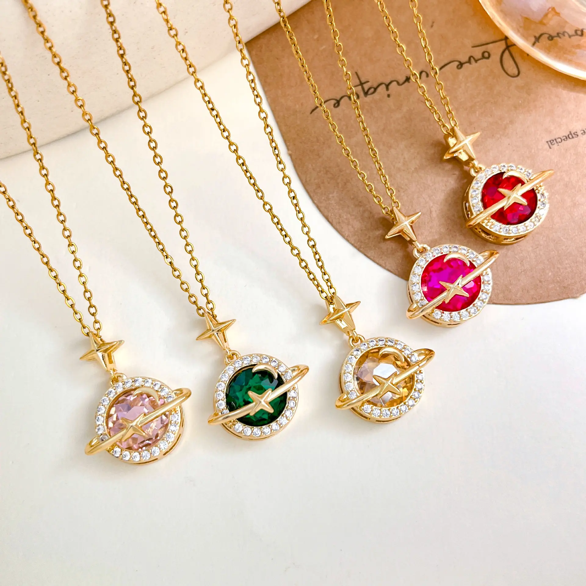 Women's Colorful Saturn Planet Accessory Necklace - Gold-Plated Sparkly Cubic Zirconia Star Pendant with Necklace, Stylish Bling Effect Celestial Charm, Perfect Birthday/Valentine Gift (Cuban Links, Herringbone, Day Collar), Stylish Accessories