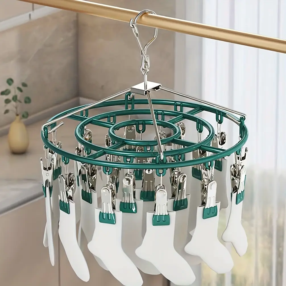 Durable Stainless Steel Clothes Hanger with 24 Clips, Multi-Head Sock Drying Rack, Windproof Balcony Airer, Outdoor Use