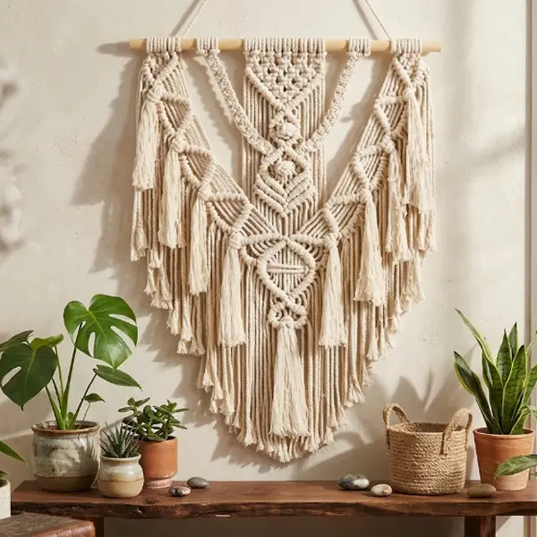 Handmade Bohemian Cotton Wall Hanging - Geometric Braided Tapestry with Long Tassels, Traditional Eco-Friendly Neutral Room Decor for Bedroom, Balcony, Kid Room, Ideal Housewarming Gift for Her