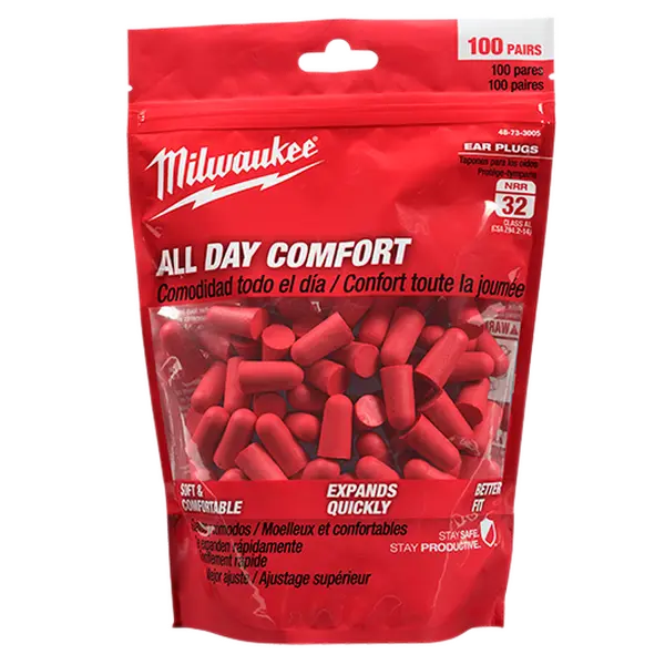 Milwaukee Unisex Foam Earplugs, 100 Pack, Tapered Fit for Jobsite Use, Individually Sealed with 32 NRR
