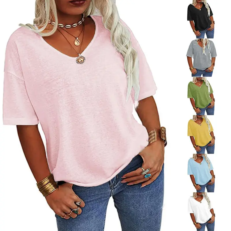 【XL-5XL】Imily Bela Curve Womens Plus Size Tops Summer Short Sleeve V Neck T Shirt Loose Casual Tunics Blouses Womenswear Curvy