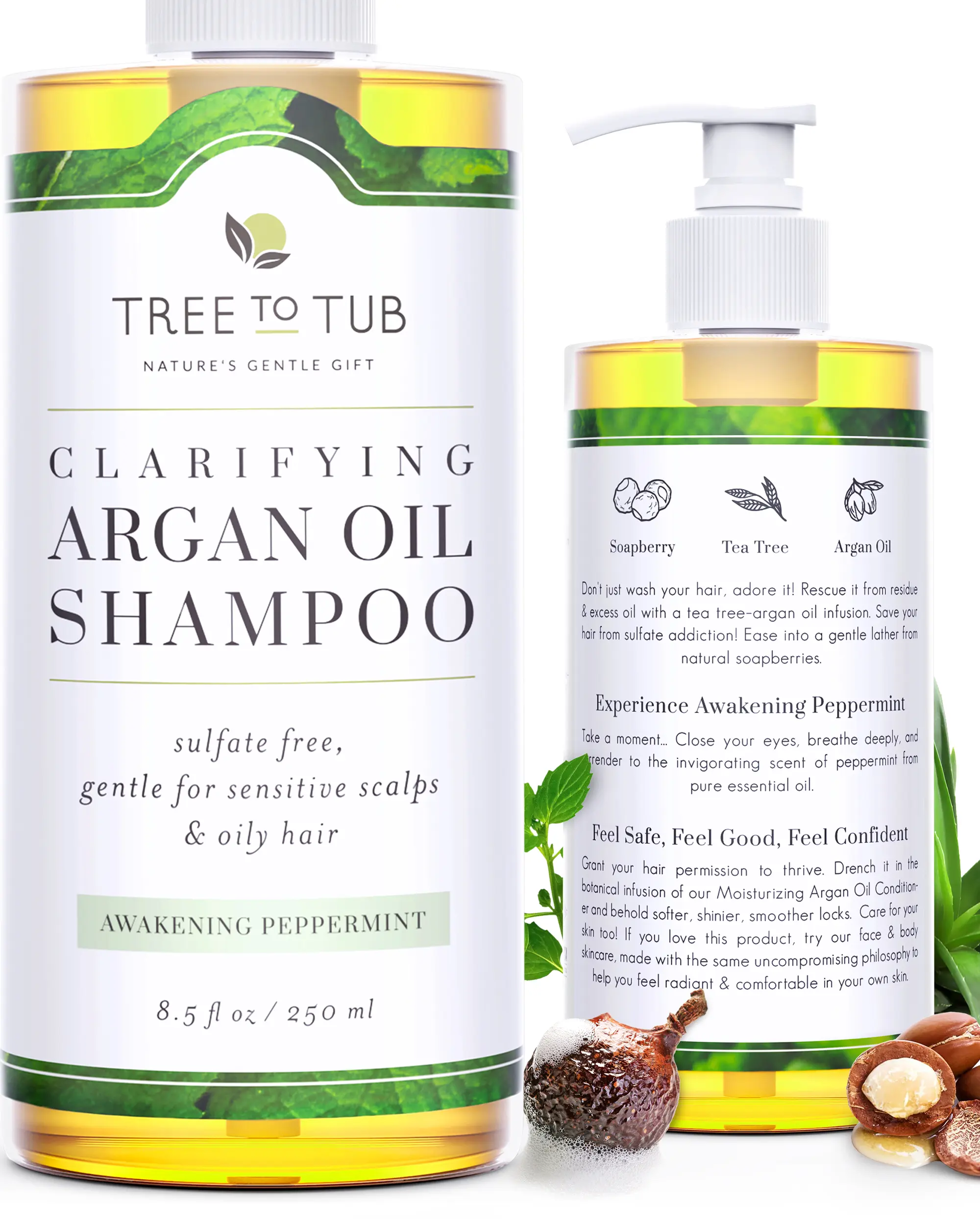 Tree to Tub Peppermint Shampoo for Oily Hair & Sensitive Scalp - Gentle Clarifying Shampoo for Build Up, Sulfate Free Anti Residue Hair Shampoo for Women & Men w/Organic Argan Oil, Natural Aloe Vera