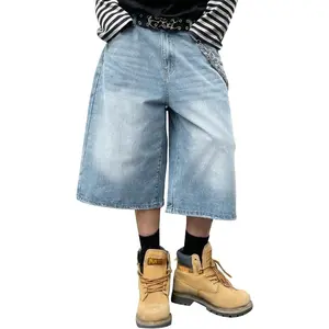 HUNGSON Mens Baggy Jean Shorts for Men Women Loose Fit Long Y2k Skater Vintage Plain Jorts Casual Wide Leg 16.5 Inch Inseam