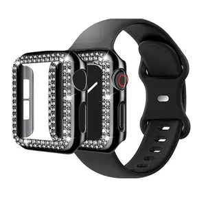 Rhinestone Decor Watch Band & Watch Case Set, 1 Pair Soft Silicone Watchband & Smartwatch Strap & Rhinestone Watch Case & Smartwatch Face Covers, Smart Watch Band & Protective Case Set & Protector, Smart Watch Straps, Wearable Accessories for Apple Watch