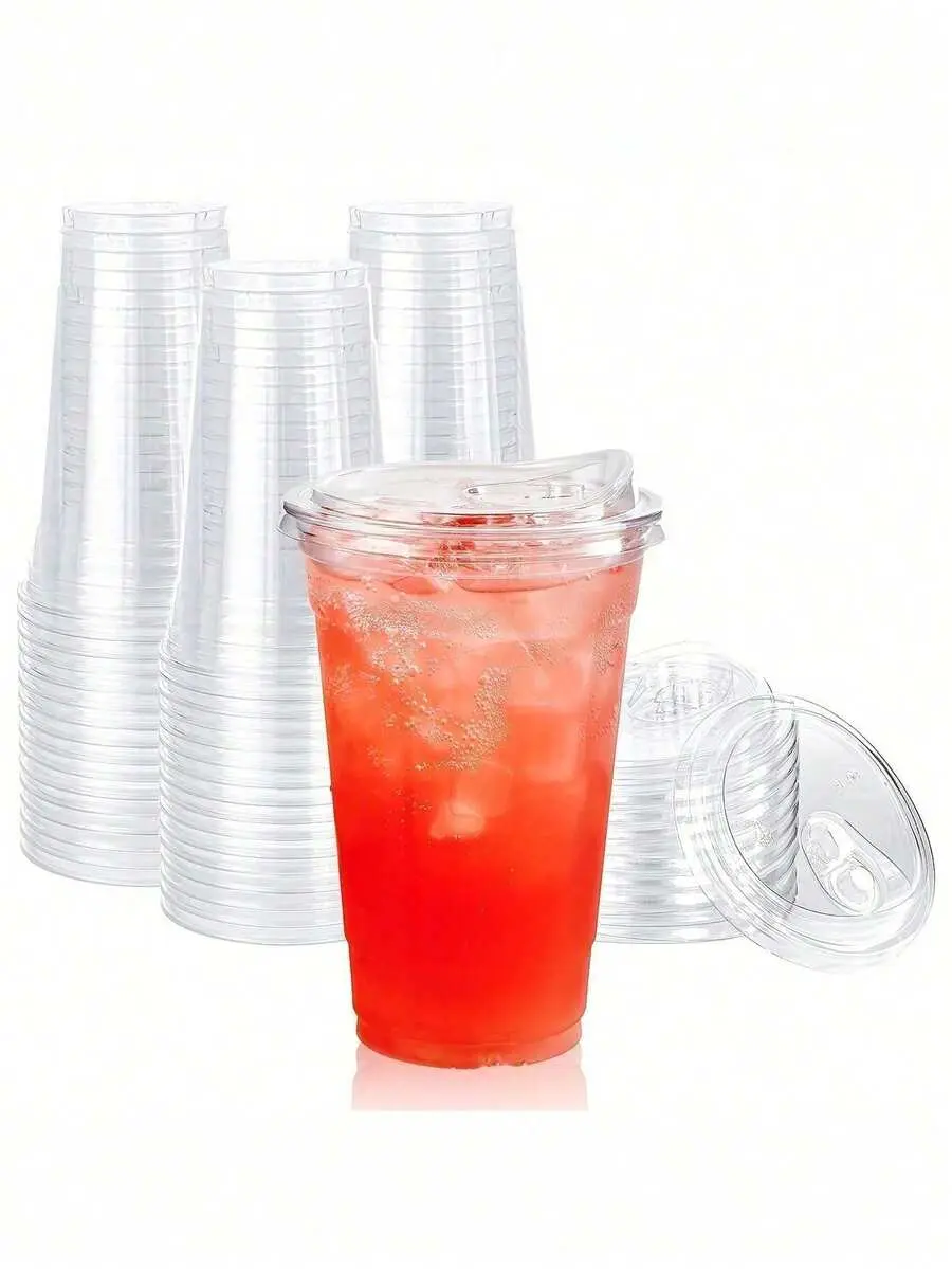 20pcs Clear Reusable Plastic Cups With Drinking Lids, For Iced Coffee, Smoothie, Milkshake, Cold Drinks 16oz