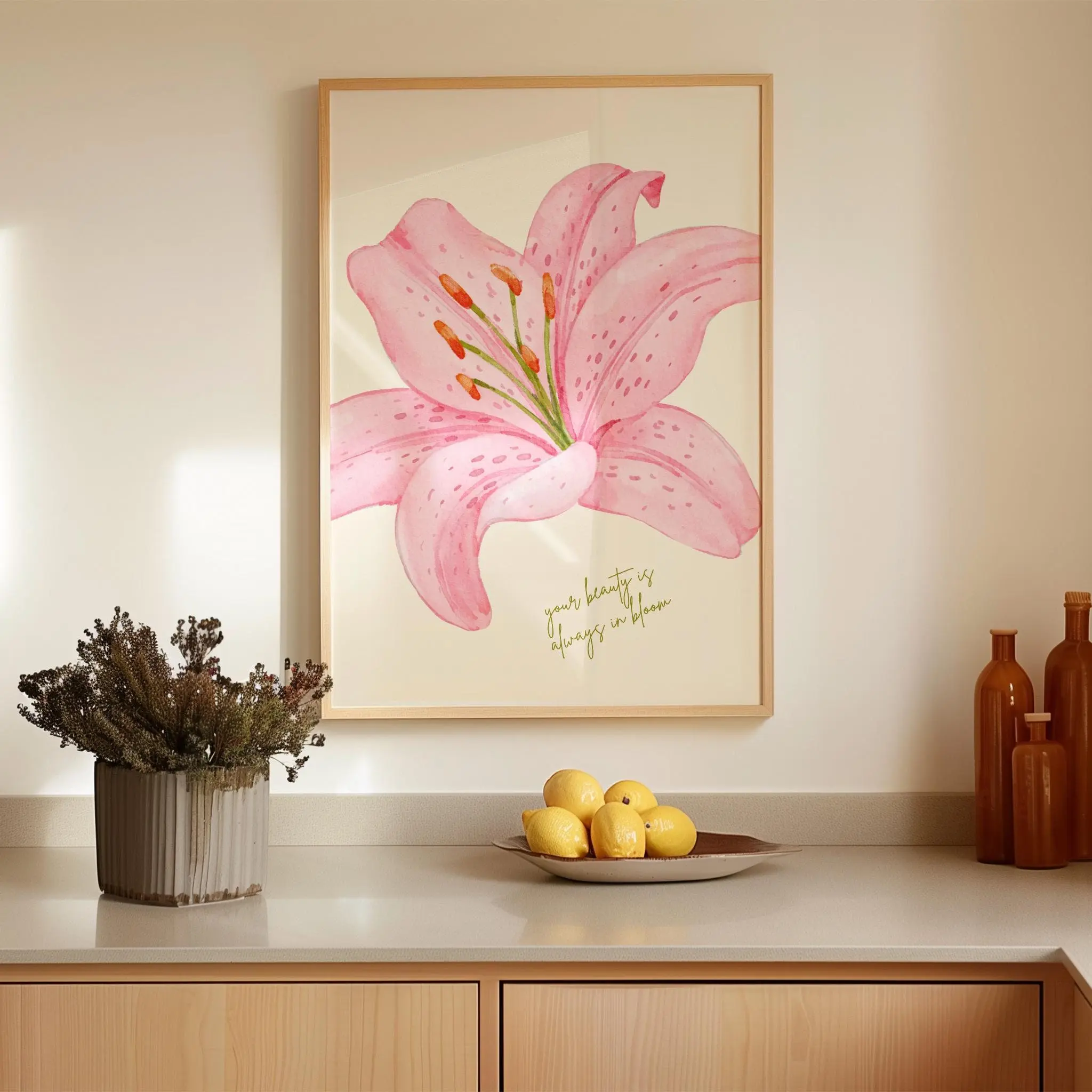 Pink Lily Art Print: 'Your Beauty is Always in Bloom', Floral Art Print Unframed | Abstract Flower Wall Decor | Minimalist Modern Home | Living Room Print | Girls Bedroom Wall Art