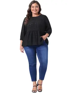 Agnes Orinda Plus Size Babydoll Round Neck 3/4 Puff Sleeve Tiered Lace Peplum Tops