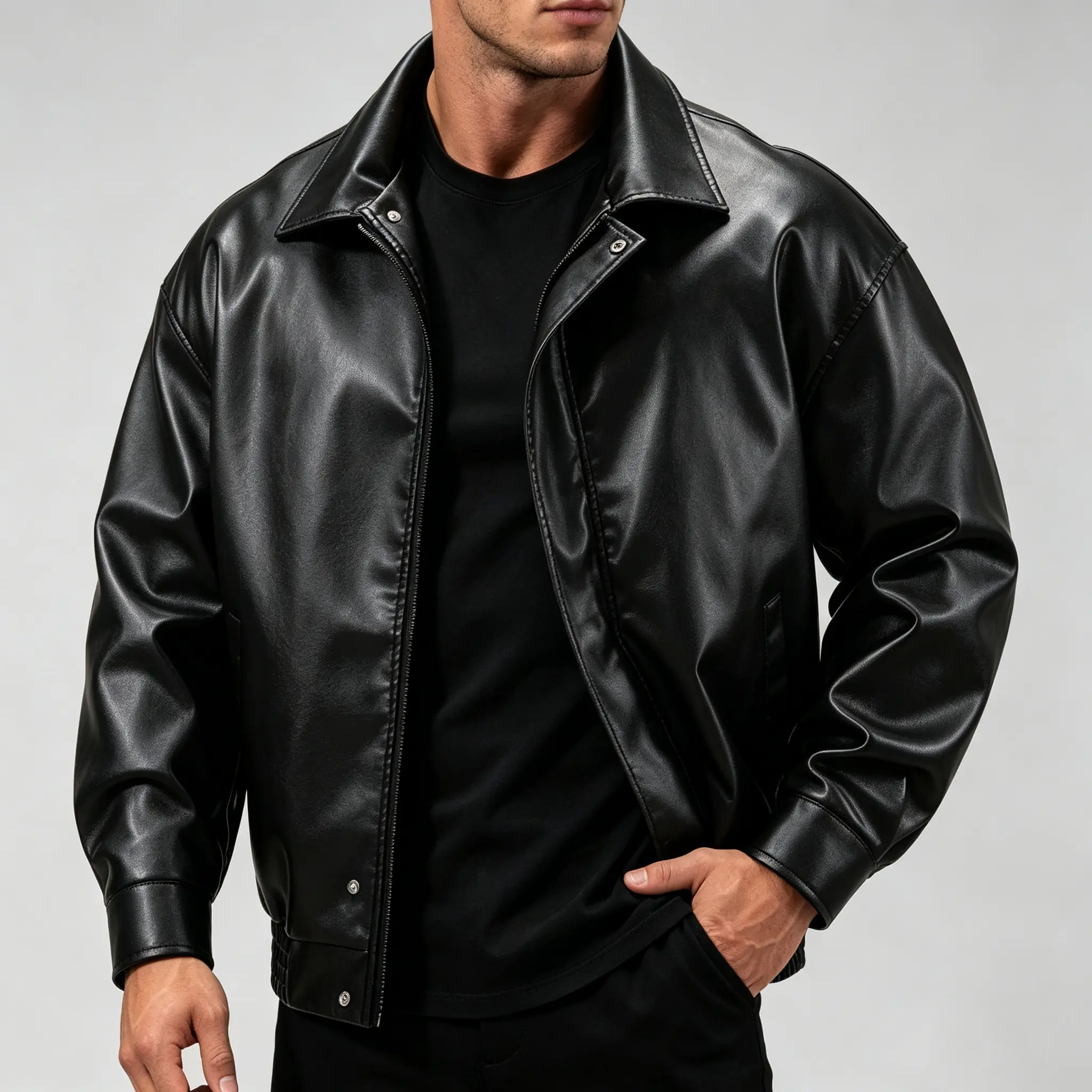 Spring/Autumn Men’s Vintage Lapel Black PU Leather Jacket, Loose Motorcycle Leather Coat, Versatile Button & Zipper Closure, Windproof Casual Workwear Outerwear