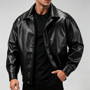 Spring/Autumn Men’s Vintage Lapel Black PU Leather Jacket, Loose Motorcycle Leather Coat, Versatile Button & Zipper Closure, Windproof Casual Workwear Outerwear