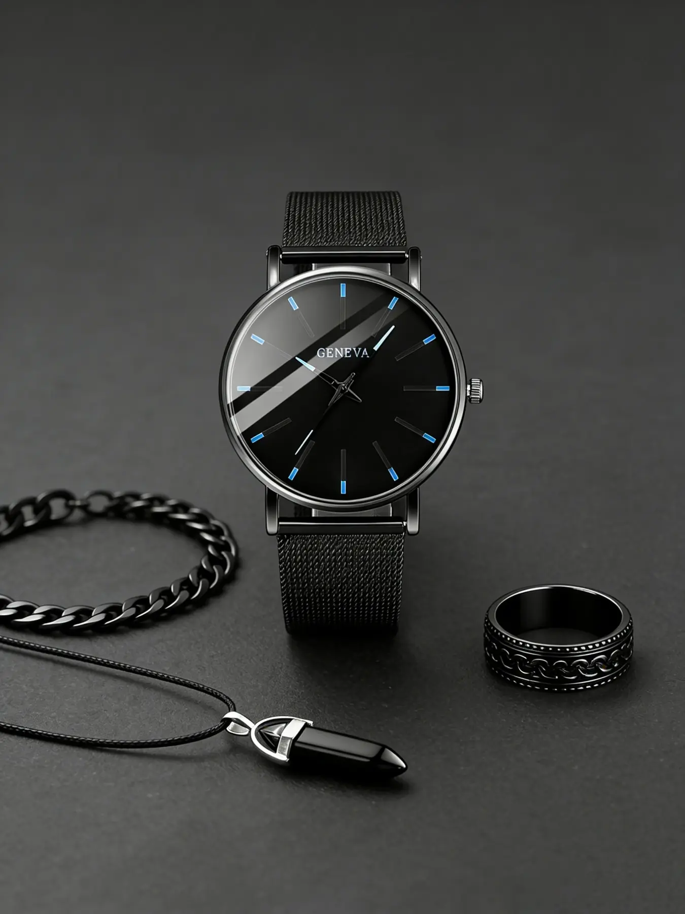 Men's Sport Style Analog Quartz Trendy Watch Set with Bullet Pendant Necklace Ring Bracelet, Zinc Alloy Strap, Metal Band, Casual Wear, Matching Fashionable Jewelry Set