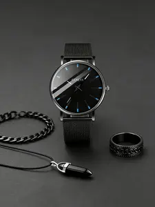 Men's Sport Style Analog Quartz Watch Set with Bullet Pendant Necklace Ring Bracelet, Zinc Alloy Strap, Metal Band, Casual Wear, Matching Jewelry Set