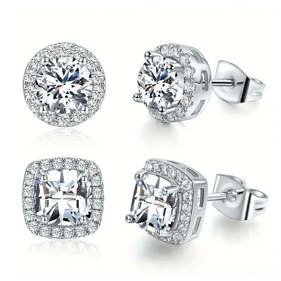 Earring 18K Gold Plated Set for Men and Women. Features VVS - cut round and square gemstone earrings. These delicate, elegant and stylish accessories are for pierced ears
