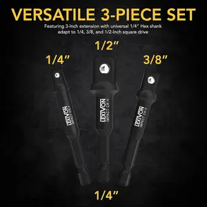 LEXIVON Impact Grade Socket Adapter Set (LX-101) – 3-Piece 1/4", 3/8", 1/2" Drive, 3" Extension Bit With Holder, Converts Power Drill To High Torque Impact Wrench