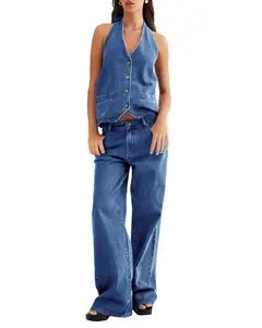 Lannew Women's Two Piece Denim Set Button Down Backless Tank Top and Wide Leg Jeans 2 Piece Outfit Suits