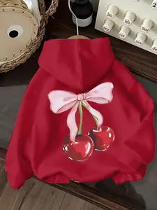 Women's Hoodie with Cute Cherry & Bow Print, Sweet Kawaii Style, Casual Fall & Winter Wear, Essential Warm Clothing