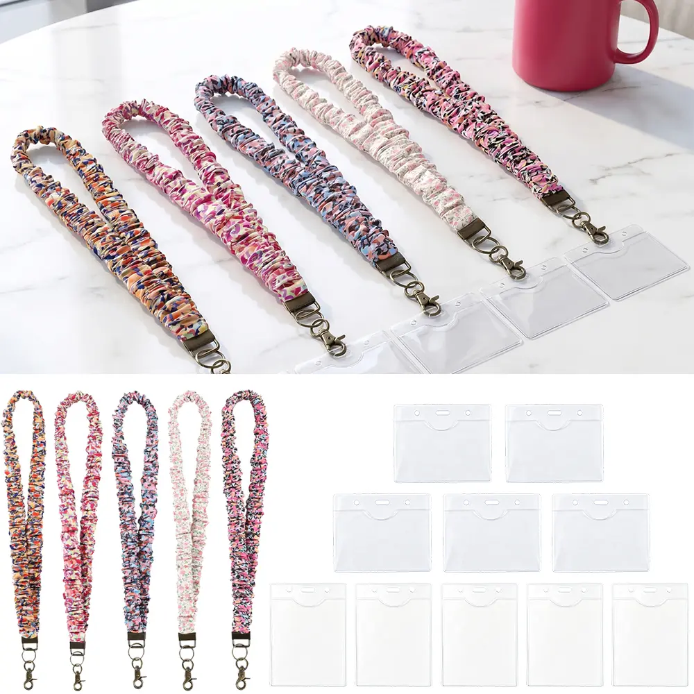 10PCS Clear for id Card Holders & 5 Stretchy Scrunchie Lanyard for ID Badge & Keys| Elastic Lanyards Neck for Teacher Nurse Lanyards | Keychain Holder for Women & Man