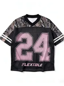 24 FLEXIBLE Graphic Camo Sleeve V-Neck Jersey T-Shirt - Oversized Fit, Short, With Breathable Mesh Fabric, Camo-Printed Contrast Sleeves And Striped Cuffs, Featuring Oversized "24" Number And "FLEXIBLE" Slogan, Ideal For Daily Wear, Street Style
