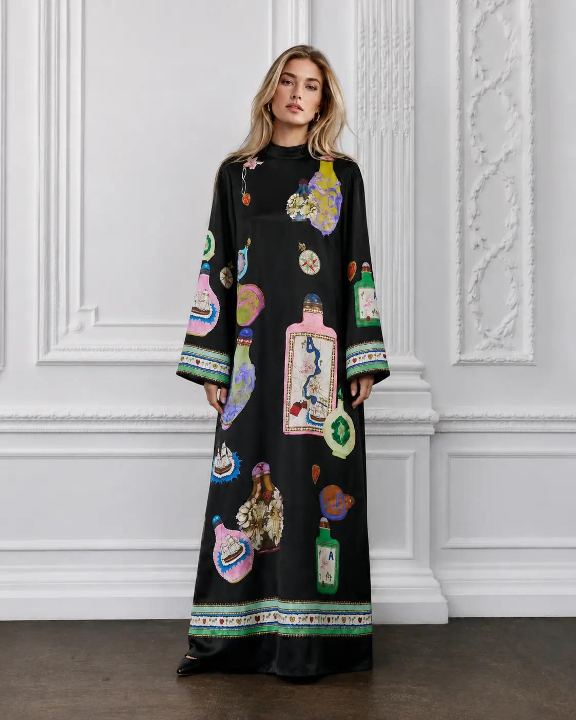 Women's Elegant Jacquard Woven Vintage Drape Mock Neck Maxi Dress - Colorful Geometric Artistic Perfume Bottle Print, Long Wide Bell Sleeves, Kaftan Tunic, Side Slits, Casual, Zipper, Chic, Jacquard Fabric