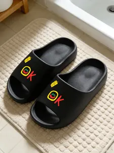 1 Pair Black OK Smiley Letter Slides Playful Vibe Style Anti-slip Quick-drying Ultra-soft Cushioned EVA Thick Sole Casual Slippers For Energetic Girls Daily Wear