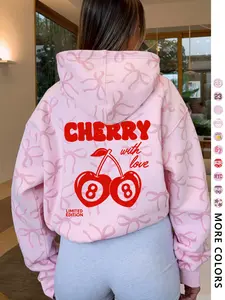 Women's Hooded Sweatshirt with Bow Print, Pockets, Cherry Pattern, Long Sleeve, Fitted, Casual Spring & Fall Wear, Perfect Gift