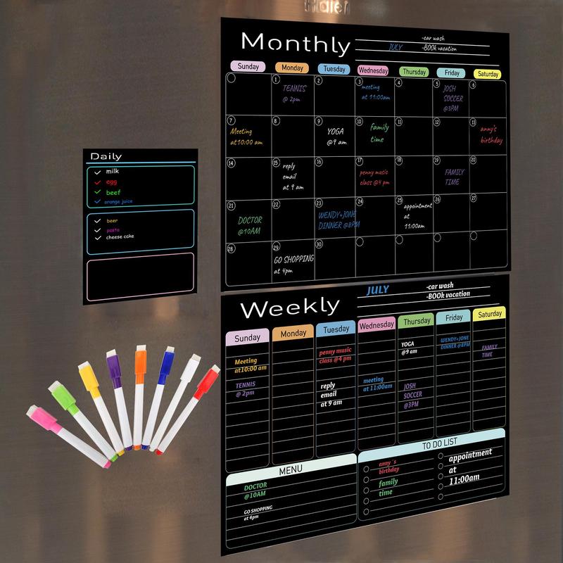 QIUCHAN Dry Erase Boards Black Set - 3 Magnetic Boards for Refrigerator, Monthly, Weekly Organizer & Daily Notepad, Wall & Fridge Family Boards Include 8 marker